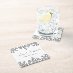 Silver Snowflake Winter Sweet 16 Vierkante Kartonnen Onderzetter