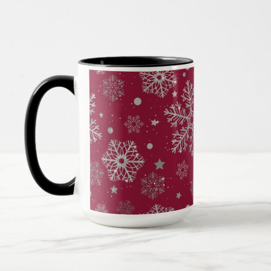 Silver snowflakes on dark red mok (Links)