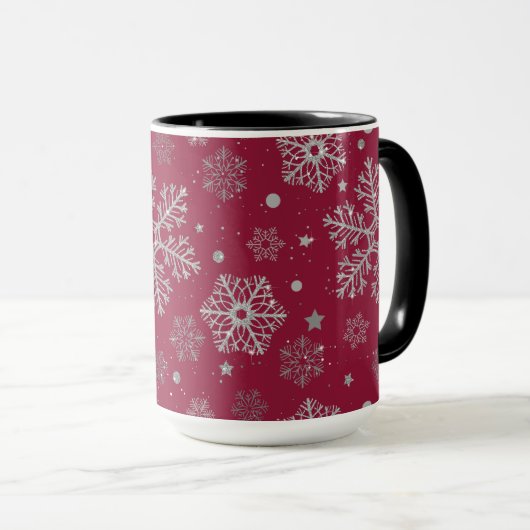 Silver snowflakes on dark red mok (Voorkant rechts)