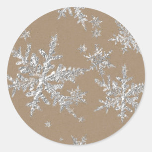 Silver Snowflakes Rustic Kraft Brown Ronde Sticker