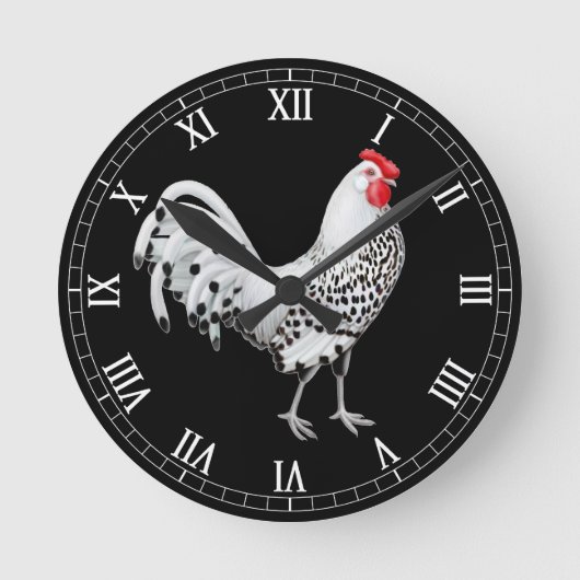 Silver Spangled Hamburg Rooster Wall Clock Ronde Klok (Voorkant)