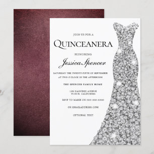 Silver Sparkle Dress Velvet Quinceanera Invite Kaart