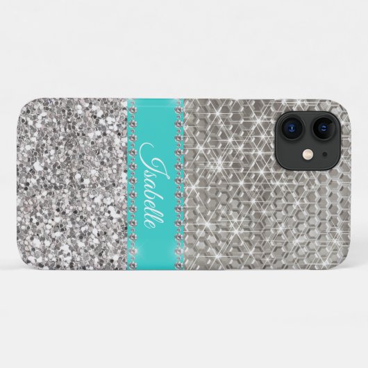 Silver Sparkle Glam Bling Personalized Metal Case-Mate iPhone Case (Achterkant (horizontaal))