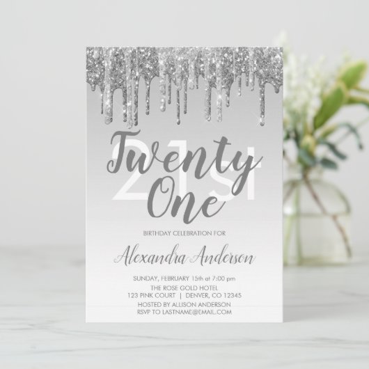 Silver Sparkle Glitter 21st Birthday Party Kaart (Staand voorkant)