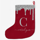 Silver Sparkle Glitter Drips op Red Monogram Grote Kerstsok (Achterkant)