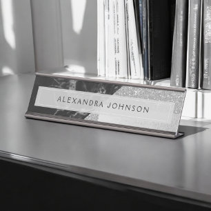 Silver Sparkle Glitter Folie en zwart marmer Bureau Naambordje