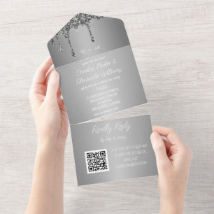 Silver Sparkle Glitter Gray Script RSVP QR Code Al All In One Uitnodiging