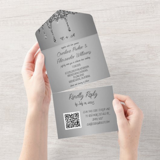 Silver Sparkle Glitter Grey Script RSVP QR Code All In One Uitnodiging (Afscheurbaar)