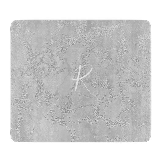 Silver Sparkle Glitter Marble Monogram Snijplank (Voorkant)