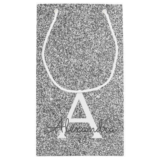 Silver Sparkle Glitter Monogram Naam en Initiaal Klein Cadeauzakje (Achterkant)