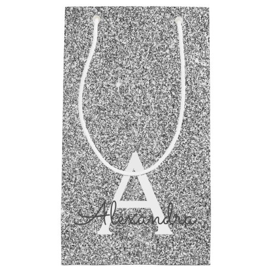 Silver Sparkle Glitter Monogram Naam en Initiaal Klein Cadeauzakje (Voorkant)