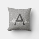 Silver Sparkle Glitter Monogram Naam en Initiaal Kussen (Voorkant)