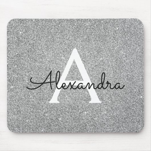 Silver Sparkle Glitter Monogram Name Mousepad Muismat (Voorkant)
