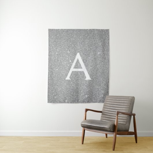 Silver Sparkle Glitter Monogram Tapestry Wandkleed (In situ)