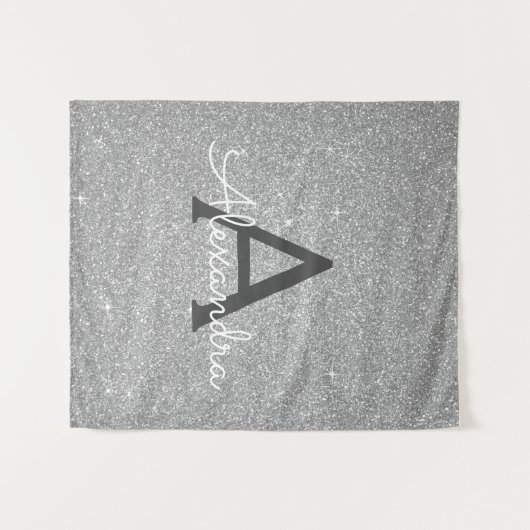 Silver Sparkle Glitter Monogram Tapestry Wandkleed (Voorkant (horizontaal))