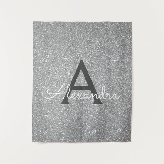 Silver Sparkle Glitter Monogram Tapestry Wandkleed (Voorkant)