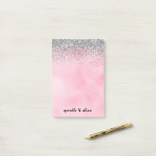 Silver Sparkle Glitter Pink Waterverf Post-it® Notes (Op bureau)
