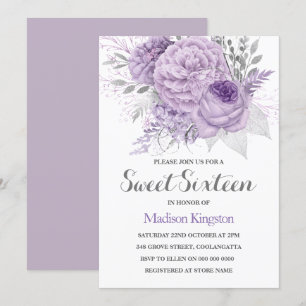 Silver Sparkle Lavender Sweet Sixteen Invite Kaart