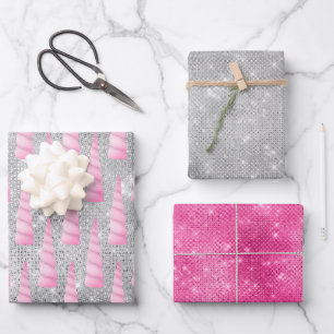 Silver Sparkle Pink Glam Unicorn Verjaardag Inpakpapier Vel