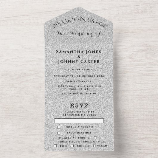 Silver Sparkle RSVP Elegant Modern Weddenschap All In One Uitnodiging (Binnen)