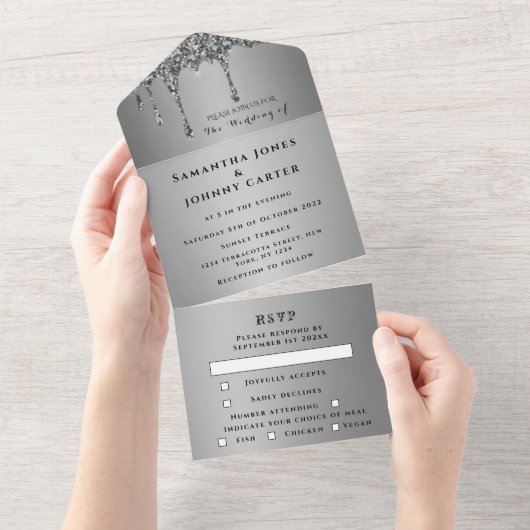 Silver Sparkle RSVP Elegant Modern Wedding All In One Uitnodiging (Afscheurbaar)