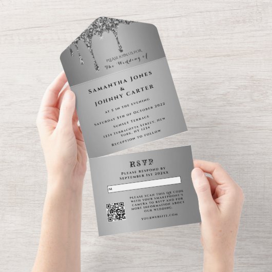 Silver Sparkle RSVP Elegant Modern Wedding All In One Uitnodiging (Afscheurbaar)