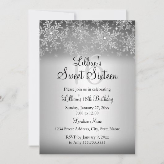 Silver Sparkle Snowflake Sweet 16 Invitation Kaart (Voorkant)
