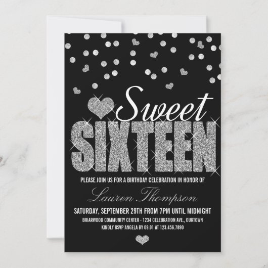 Silver Sparkle Sweet 16 Invitations de fête (Devant)
