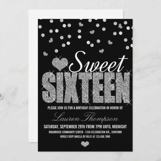 Silver Sparkle Sweet 16 Invitations de fête (Devant / Derrière)