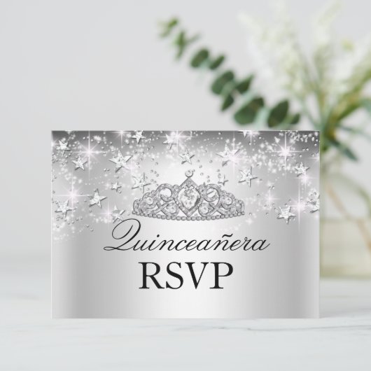 Silver Sparkle Tiara & Stars Quinceanera RSVP (Staand voorkant)