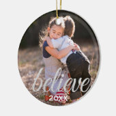 Silver Sparkly Believe Script-kerstfoto Keramisch Ornament (Links)