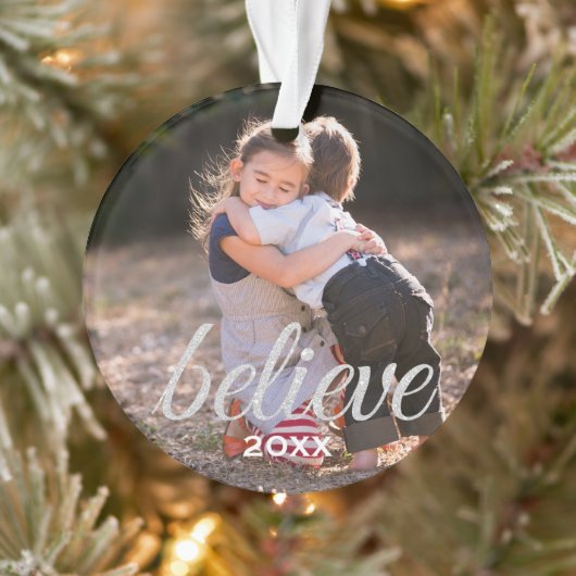 Silver Sparkly Believe Script-kerstfoto Ornament (Boom)