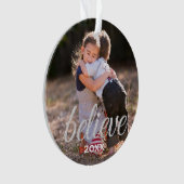 Silver Sparkly Believe Script-kerstfoto Ornament (voorkant)