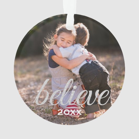 Silver Sparkly Believe Script-kerstfoto Ornament (achterkant)