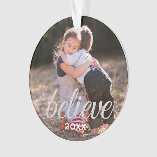 Silver Sparkly Believe Script-kerstfoto Ornament (voorkant)