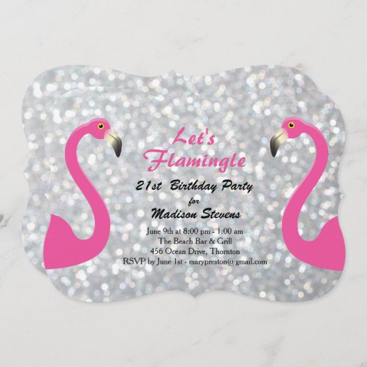 Silver Sparkly Flamingle Invitation Anniversaire (Devant / Derrière)
