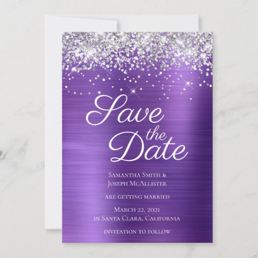 Silver Sparkly Glitter Dark Amethyst Ombre Folie Save The Date (Voorkant)
