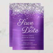 Silver Sparkly Glitter Dark Amethyst Ombre Folie Save The Date (Voorkant / Achterkant)