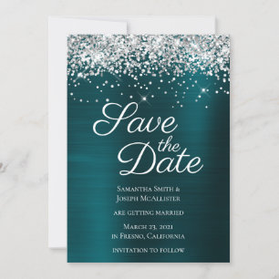 Silver Sparkly Glitter Dark Turquoise Ombre Folie Save The Date