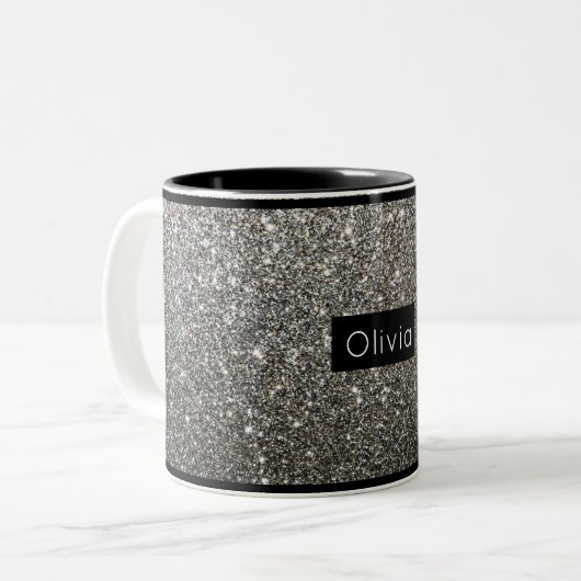 Silver Sparkly Glitter met persoonlijke naam Tweekleurige Koffiemok (Voorkant links)