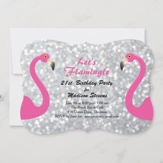 Silver Sparkly Let's Flamingle Verjaardag Uitnodig Kaart (Voorkant)