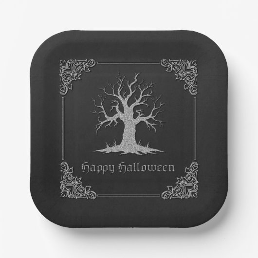 Silver Spooky Tree Halloween Papieren Bordje (Voorkant)