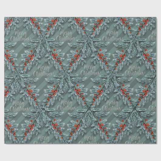 Silver Spruce Red Berries Lattice Vrolijk Kerstfee Cadeaupapier (Vlak)