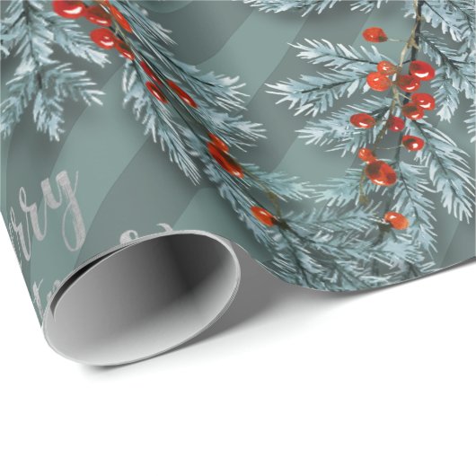 Silver Spruce Red Berries Lattice Vrolijk Kerstfee Cadeaupapier (Rol Hoek)