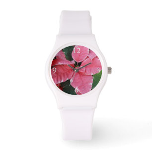 Silver Star Marble Poinsettias Pink Holiday Floral Horloge