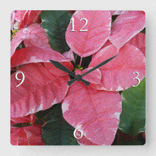 Silver Star Marble Poinsettias Pink Holiday Floral Vierkante Klok