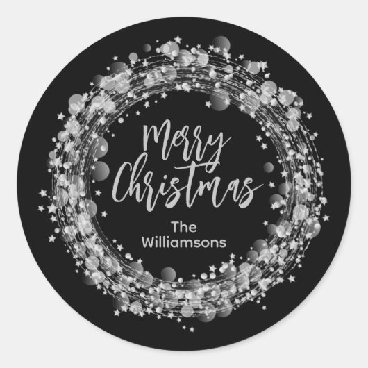 Silver Stars Merry Kerstmis Ronde Sticker (Voorkant)