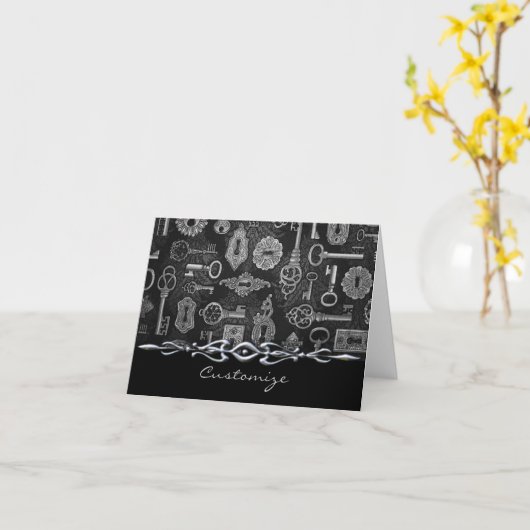 Silver Steampunk Keys and Key Holes Note Card Kaart (Gele Bloem)
