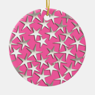 Silver sterren op fuchsia roze keramisch ornament