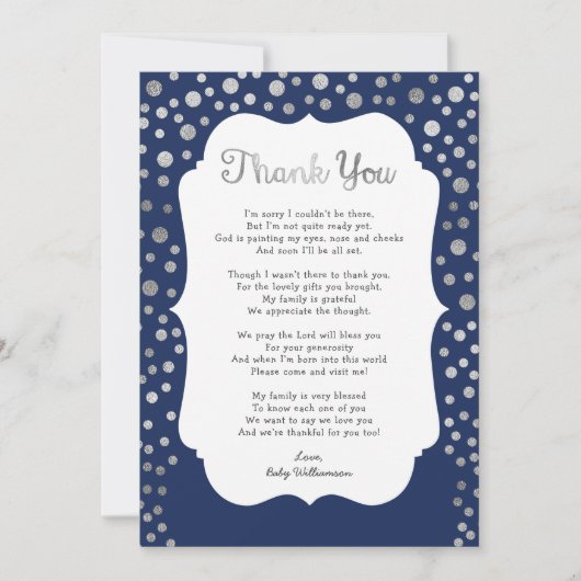 Silver Stippen navy boy baby shower bedankbriefjes Kaart (Voorkant)